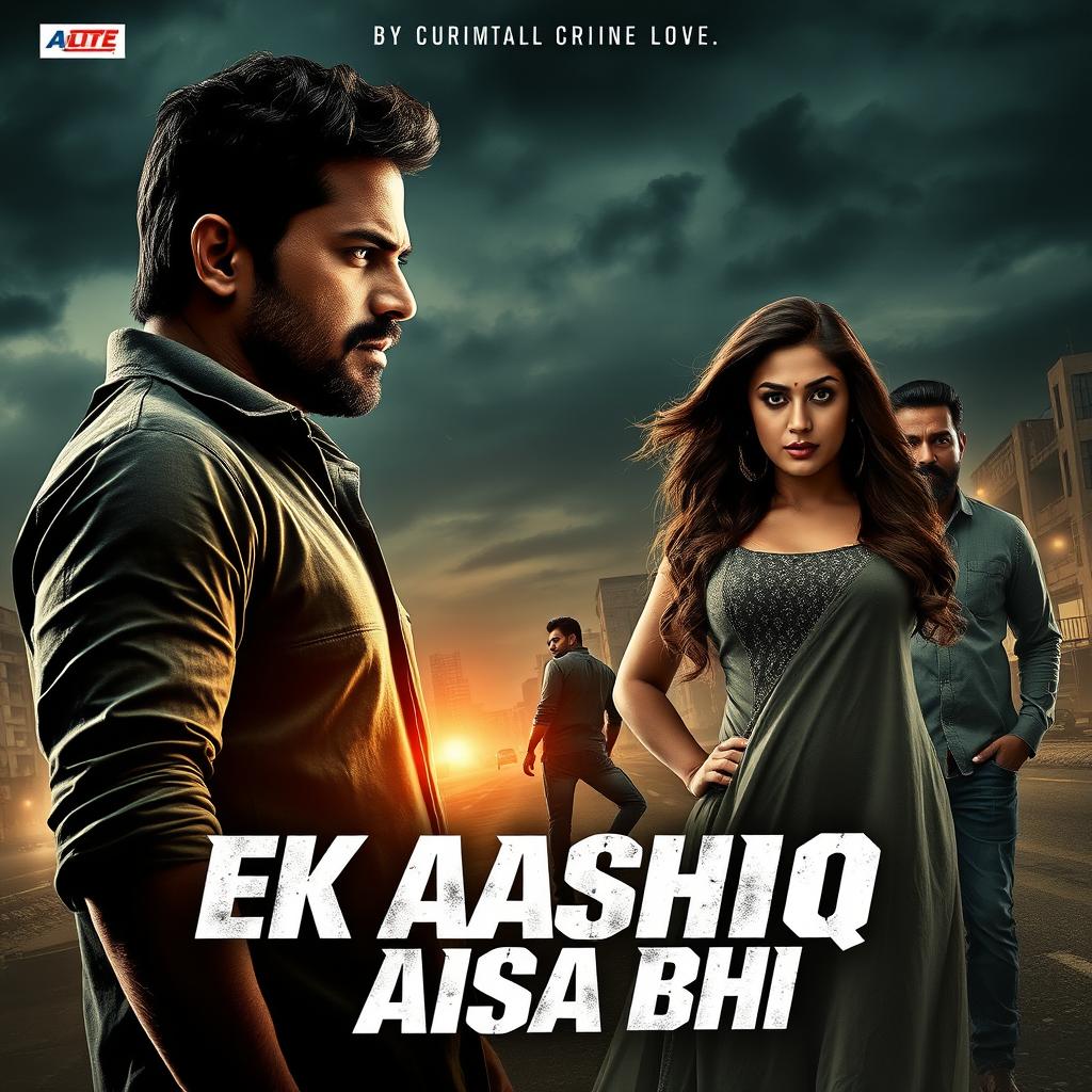 A gripping cinematic poster for an action crime love film titled "EK AASHIQ AISA BHI" featuring a 27-year-old Indian man with an intense and rugged appearance, portraying a criminal with a troubled past