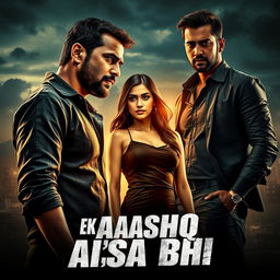 A gripping cinematic poster for an action crime love film titled "EK AASHIQ AISA BHI" featuring a 27-year-old Indian man with an intense and rugged appearance, portraying a criminal with a troubled past