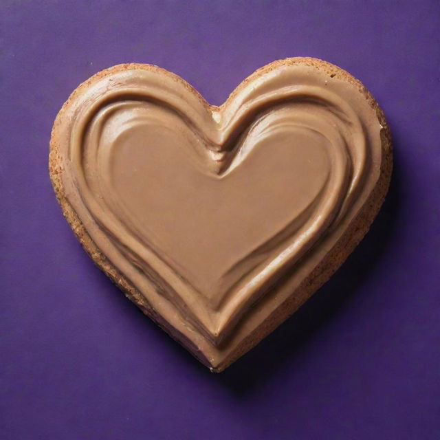 A heart shape marvelously crafted with creamy peanut butter against a deep radiant purple background.