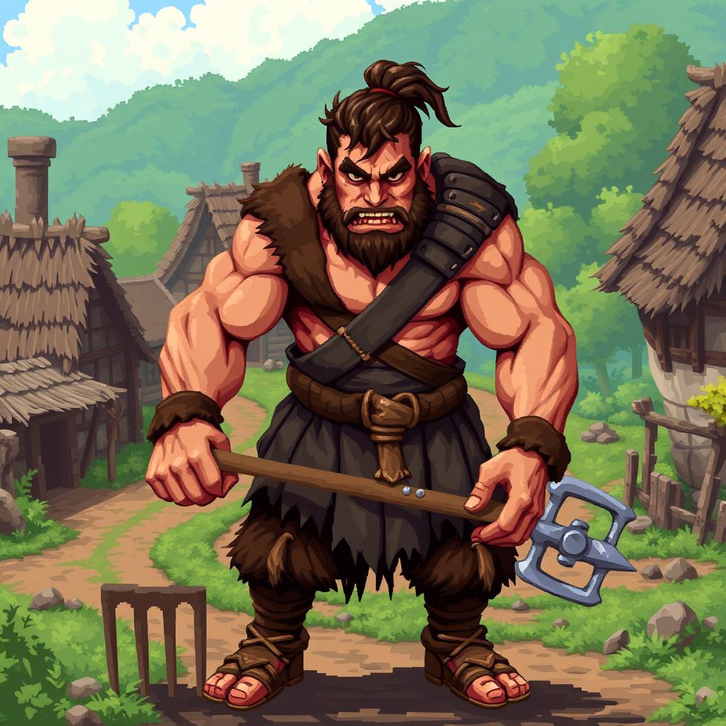 A pixel art depiction of an aggressive medieval peasant with a realistic physique, showcasing muscular build and a determined expression