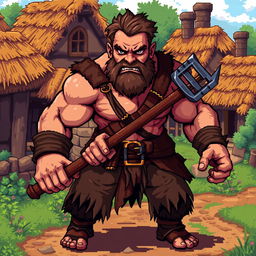 A pixel art depiction of an aggressive medieval peasant with a realistic physique, showcasing muscular build and a determined expression