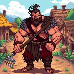 A pixel art depiction of an aggressive medieval peasant with a realistic physique, showcasing muscular build and a determined expression