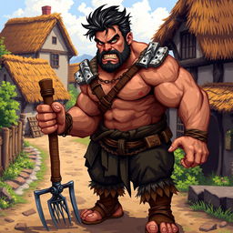 A pixel art depiction of an aggressive medieval peasant with a realistic physique, showcasing muscular build and a determined expression