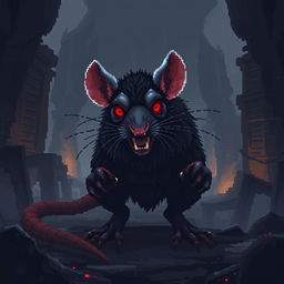 A pixel art representation of a dark fantasy rat with a realistic body structure, exhibiting a blend of fierce demeanor and eerie charm