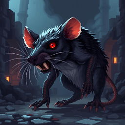 A pixel art representation of a dark fantasy rat with a realistic body structure, exhibiting a blend of fierce demeanor and eerie charm