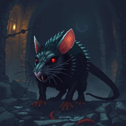 A pixel art representation of a dark fantasy rat with a realistic body structure, exhibiting a blend of fierce demeanor and eerie charm