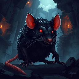 A pixel art representation of a dark fantasy rat with a realistic body structure, exhibiting a blend of fierce demeanor and eerie charm