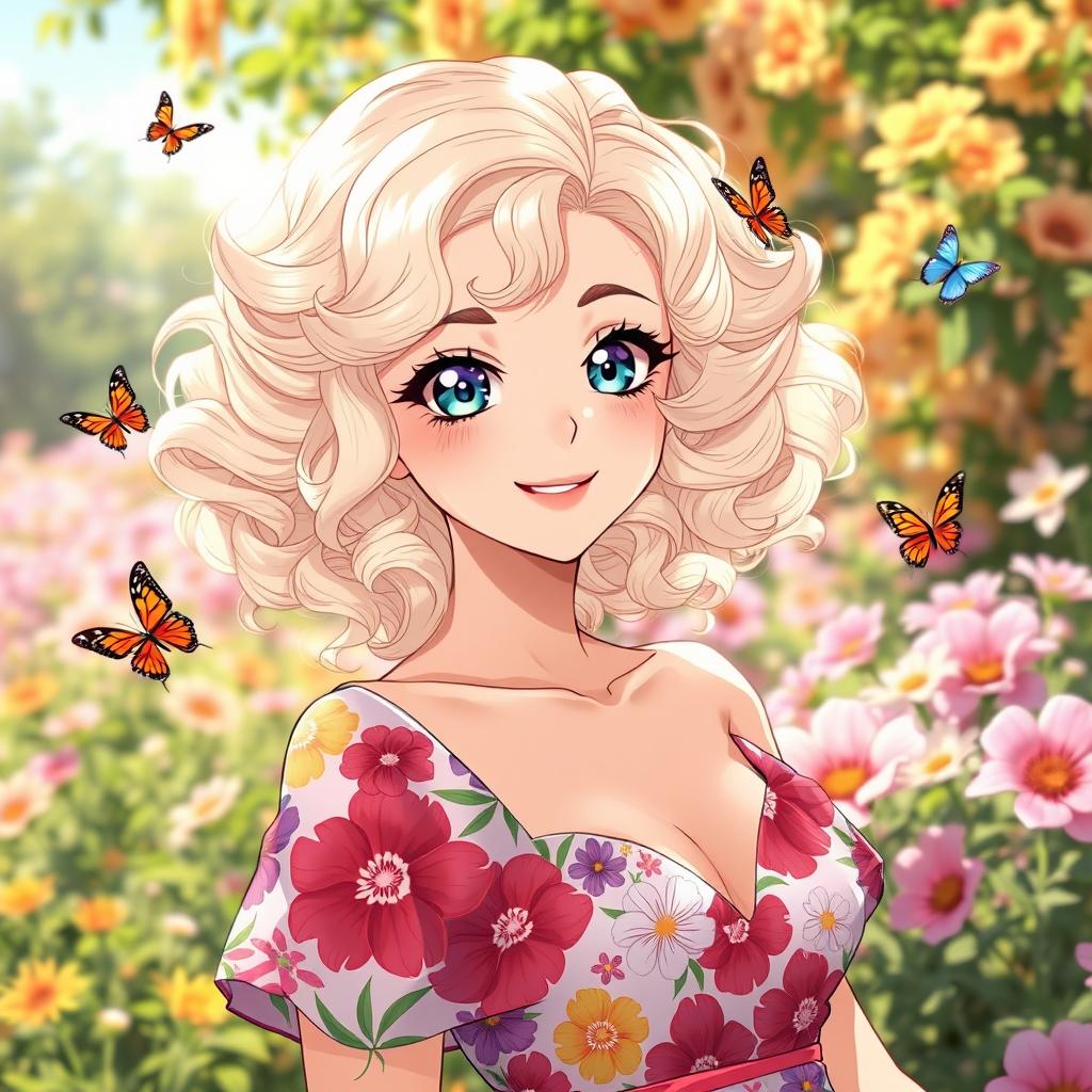 A beautiful woman with striking white and blonde curly hair, showcasing an elegant floral dress filled with vibrant colors