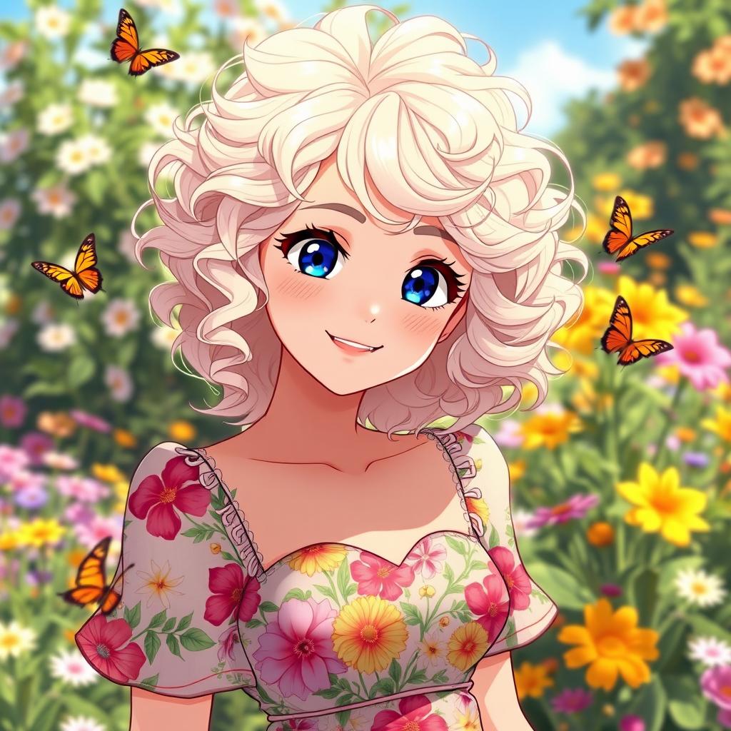 A beautiful woman with striking white and blonde curly hair, showcasing an elegant floral dress filled with vibrant colors