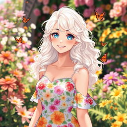 A beautiful woman with striking white and blonde curly hair, showcasing an elegant floral dress filled with vibrant colors