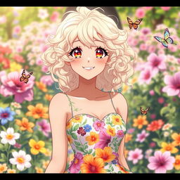 A beautiful woman with striking white and blonde curly hair, showcasing an elegant floral dress filled with vibrant colors