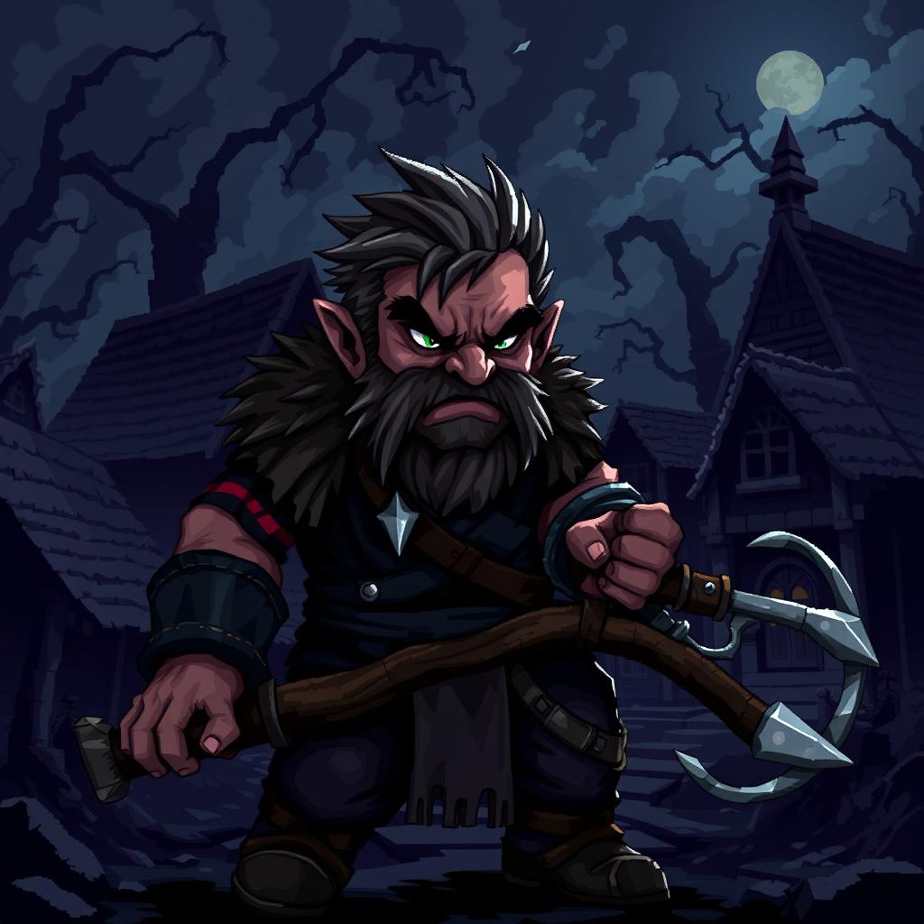 A pixel art style depiction of a dark fantasy aggressive villager