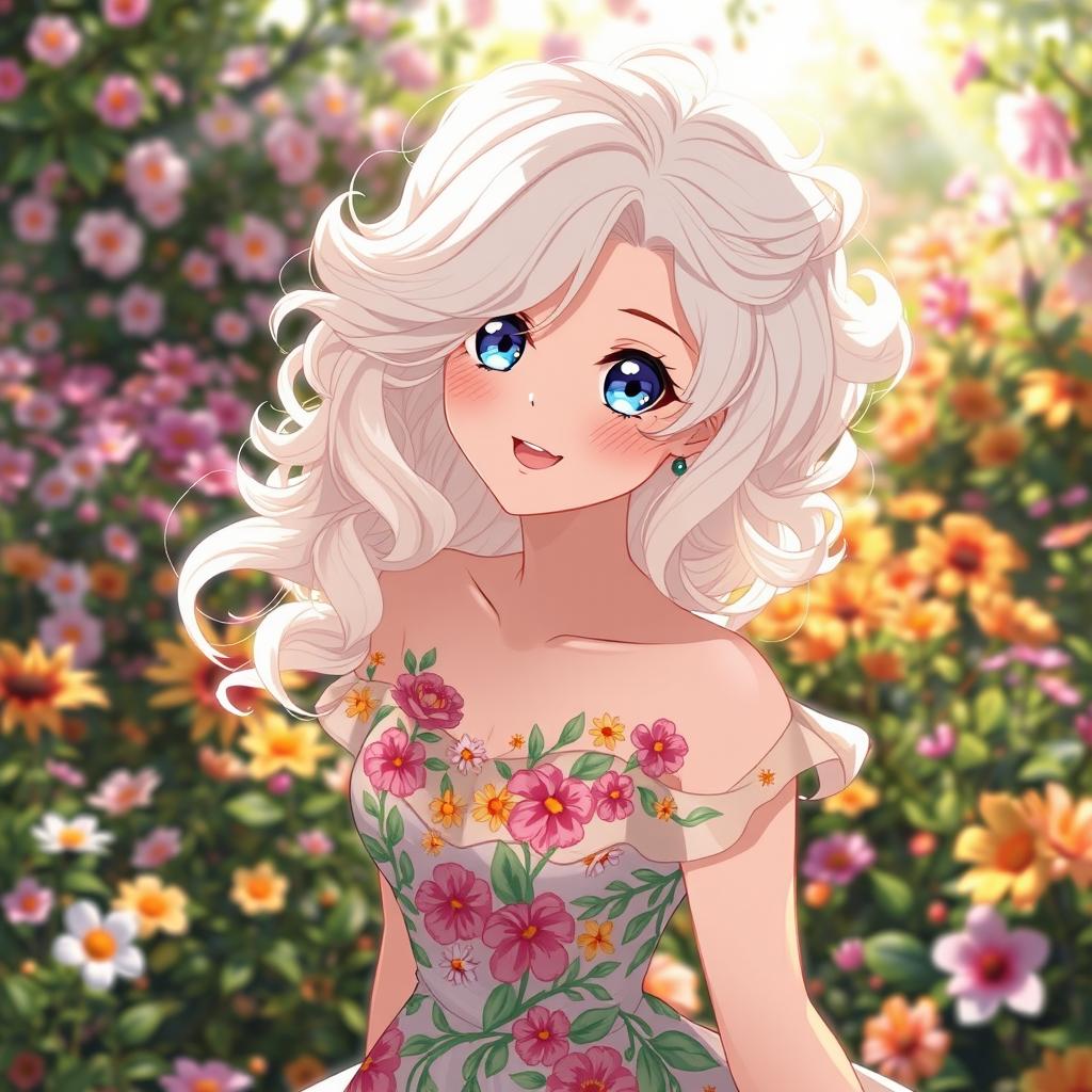 A stunning anime woman with flowing white and blonde curly hair, elegantly styled