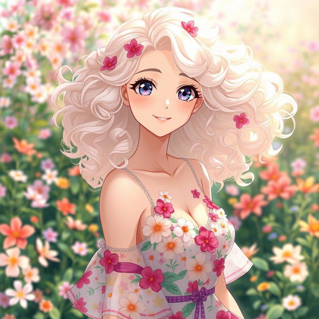 A stunning anime woman with flowing white and blonde curly hair, elegantly styled