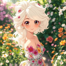 A stunning anime woman with flowing white and blonde curly hair, elegantly styled