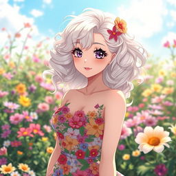 A stunning anime woman with flowing white and blonde curly hair, elegantly styled