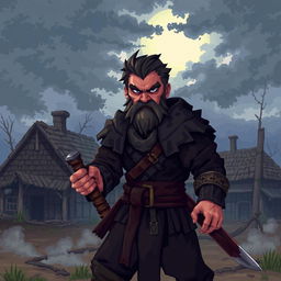 A pixel art style depiction of a medieval dark fantasy aggressive villager