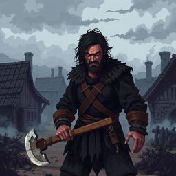 A pixel art style depiction of a medieval dark fantasy aggressive villager