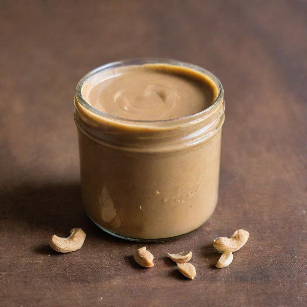 An elegant jar filled with creamy peanut butter, its cap gleaming, sitting on a polished wooden table.