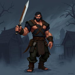 A pixel art style depiction of a medieval dark fantasy aggressive villager with realistic proportions