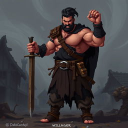 A pixel art style depiction of a medieval dark fantasy aggressive villager with realistic proportions