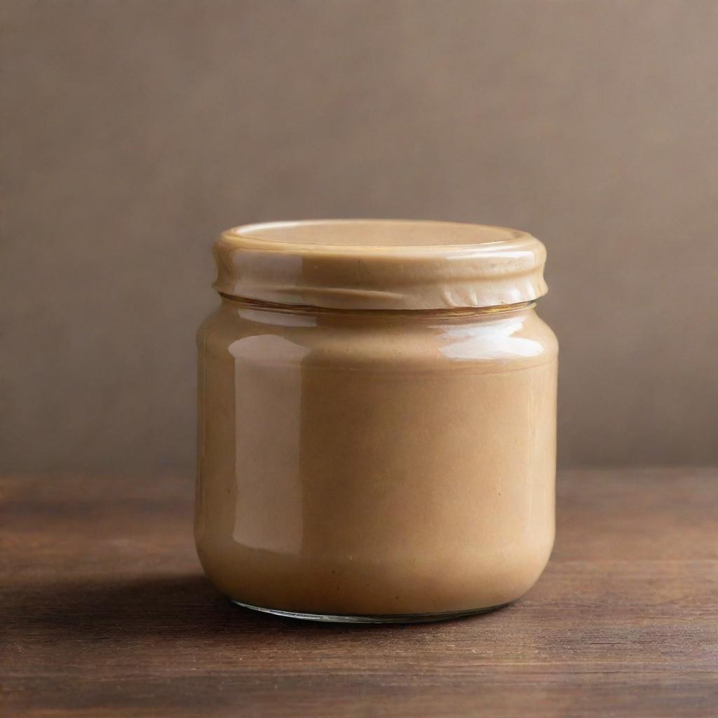 An elegant jar filled with creamy peanut butter, its cap gleaming, sitting on a polished wooden table.