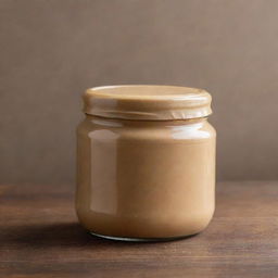 An elegant jar filled with creamy peanut butter, its cap gleaming, sitting on a polished wooden table.