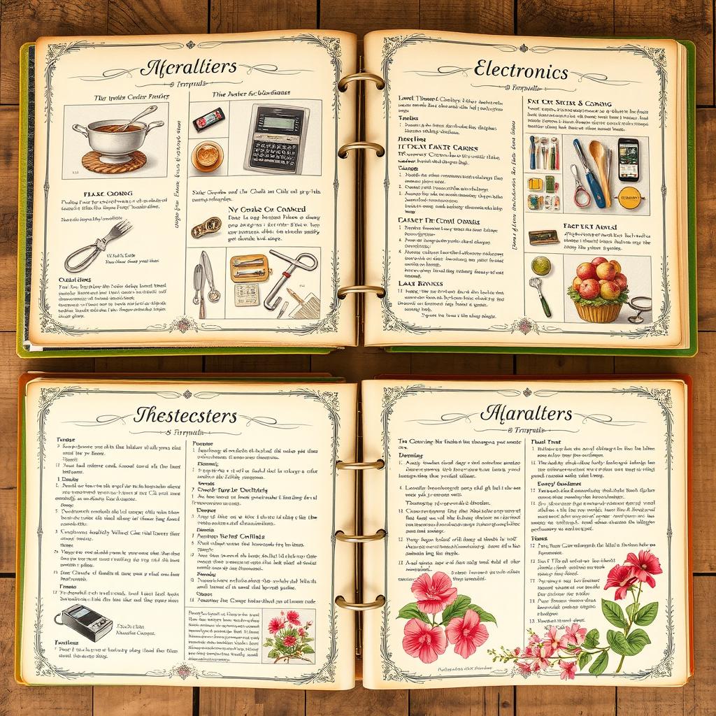 A detailed and artistic manual covering various topics such as cooking, electronics repair, and gardening, beautifully illustrated with step-by-step guides and colorful images