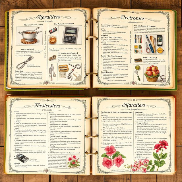 A detailed and artistic manual covering various topics such as cooking, electronics repair, and gardening, beautifully illustrated with step-by-step guides and colorful images