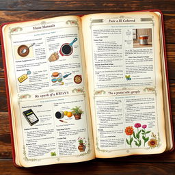 A detailed and artistic manual covering various topics such as cooking, electronics repair, and gardening, beautifully illustrated with step-by-step guides and colorful images