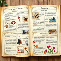 A detailed and artistic manual covering various topics such as cooking, electronics repair, and gardening, beautifully illustrated with step-by-step guides and colorful images