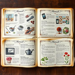 A detailed and artistic manual covering various topics such as cooking, electronics repair, and gardening, beautifully illustrated with step-by-step guides and colorful images