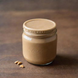 An elegant jar filled with creamy peanut butter, its cap gleaming, sitting on a polished wooden table.