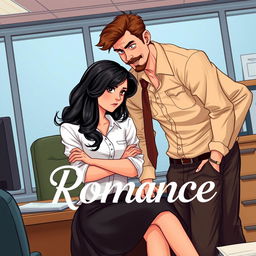 A romance book cover set in an office environment, depicting a young woman with shoulder-length black wavy hair sitting on a desk, looking unimpressed and annoyed, with arms crossed over her chest