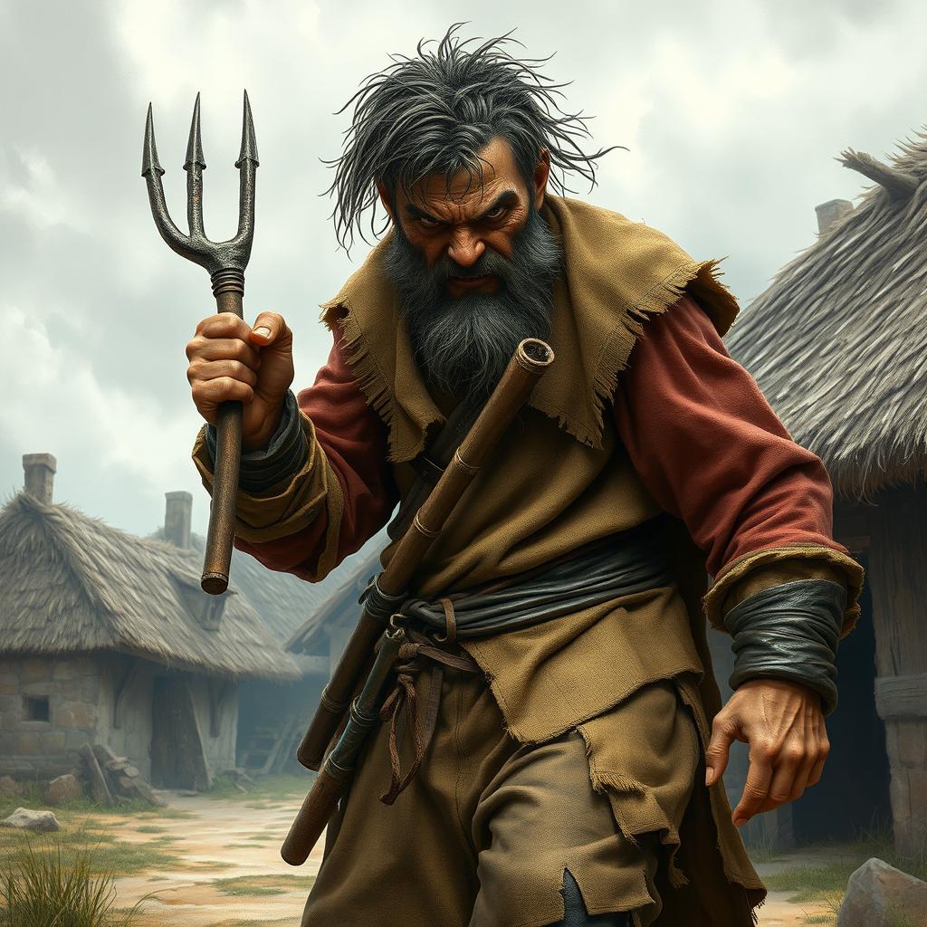 A depiction of an aggressive medieval peasant, showcasing a rugged features and a fierce expression