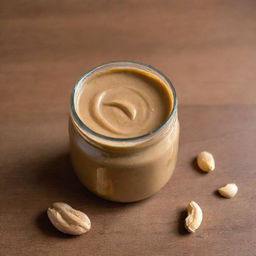 An elegant jar filled with creamy peanut butter, its cap gleaming, sitting on a polished wooden table.