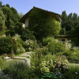 A picturesque house with an extensive, well-tended garden surrounding it on a large plot of land.