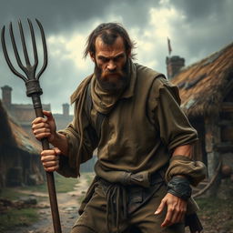 A depiction of an aggressive medieval peasant, showcasing a rugged features and a fierce expression