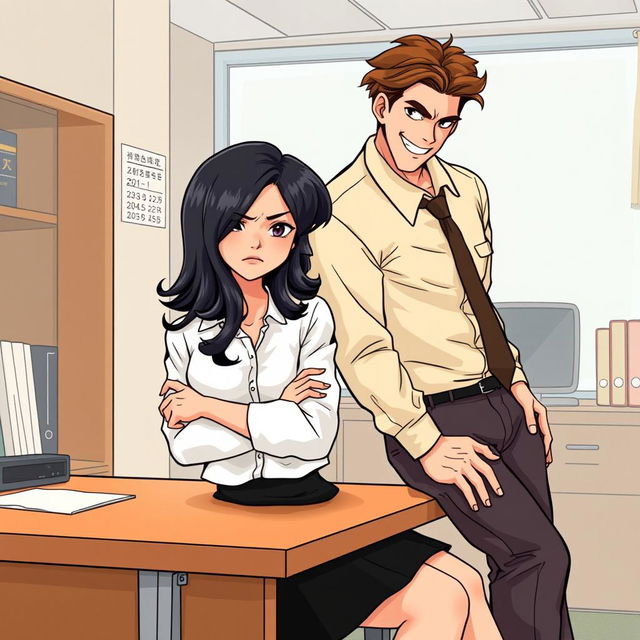 A romance book cover set in an office environment, featuring a young woman with shoulder-length black wavy hair sitting on a desk, displaying an unimpressed and annoyed expression with her arms crossed over her chest