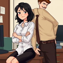 A romance book cover set in an office environment, featuring a young woman with shoulder-length black wavy hair sitting on a desk, displaying an unimpressed and annoyed expression with her arms crossed over her chest