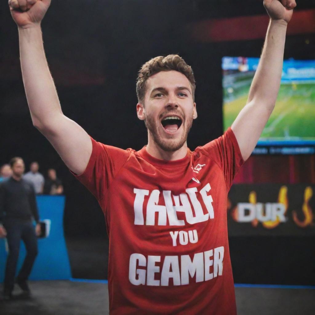 YouTube thumbnail featuring a triumphant gamer celebrating their first win in Arena Breakout, with vibrant graphics, victorious mood, and game-related elements integrated in the foreground and background.