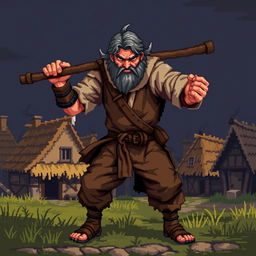 A pixel art representation of an aggressive medieval peasant