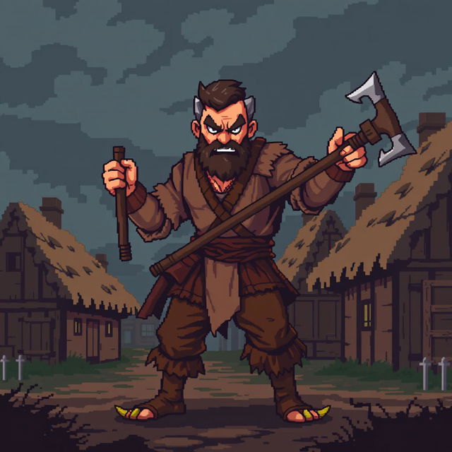 A pixel art representation of an aggressive medieval peasant