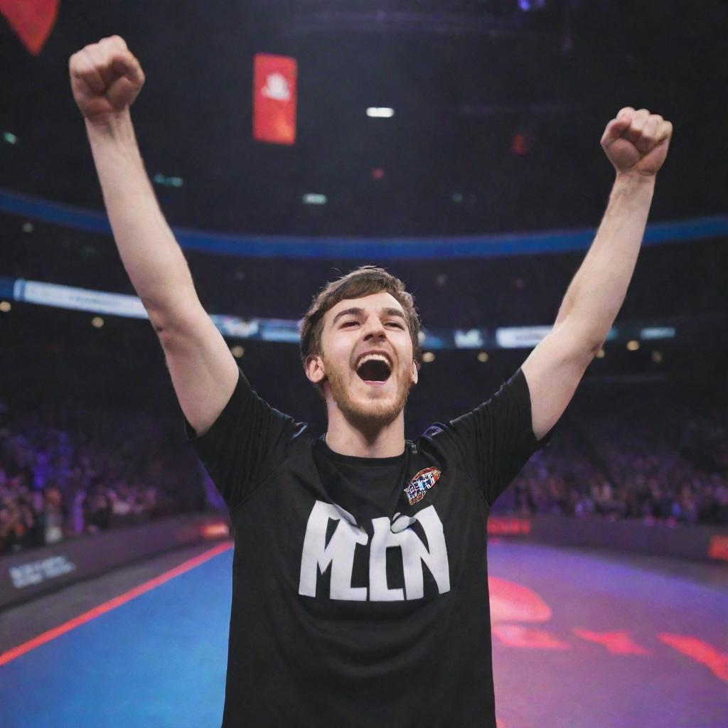 YouTube thumbnail featuring a triumphant gamer celebrating their first win in Arena Breakout, with vibrant graphics, victorious mood, and game-related elements integrated in the foreground and background.