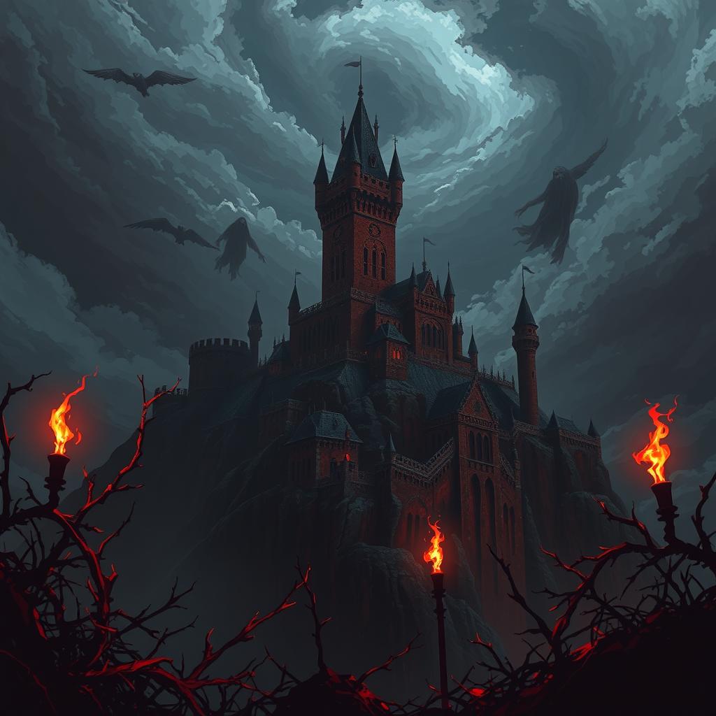 A dark fantasy anime scene set in a haunted castle with gothic architecture, featuring an imposing blood-red castle perched atop a cliff under a stormy sky filled with swirling clouds