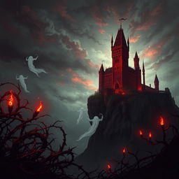 A dark fantasy anime scene set in a haunted castle with gothic architecture, featuring an imposing blood-red castle perched atop a cliff under a stormy sky filled with swirling clouds