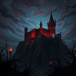 A dark fantasy anime scene set in a haunted castle with gothic architecture, featuring an imposing blood-red castle perched atop a cliff under a stormy sky filled with swirling clouds