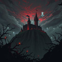 A dark fantasy anime scene set in a haunted castle with gothic architecture, featuring an imposing blood-red castle perched atop a cliff under a stormy sky filled with swirling clouds