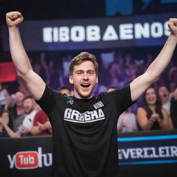 YouTube thumbnail featuring a triumphant gamer celebrating their first win in Arena Breakout, with vibrant graphics, victorious mood, and game-related elements integrated in the foreground and background.