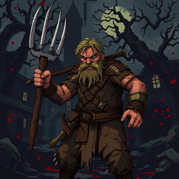 A pixel art scene depicting an aggressive medieval peasant in a dark fantasy setting